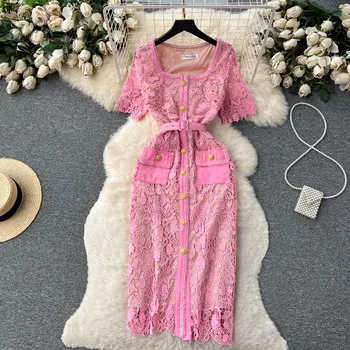 Высококачественное Женское Платье с Квадратным Вырезом и коротким рукавом, Открытое Элегантное Вечернее Платье Русалки Розового Цвета