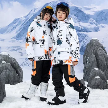 Комплект детской одежды для мальчиков и девочек, детский лыжный костюм для сноуборда, водонепроницаемая спортивная куртка, брюки, одежда с героями мультфильмов, зимний костюм для подростков