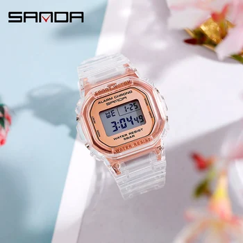 SANDA Модные женские электронные часы 50 м, водонепроницаемый прозрачный ремешок, светящийся светодиодный HD цифровой дисплей, Многофункциональные часы 2009