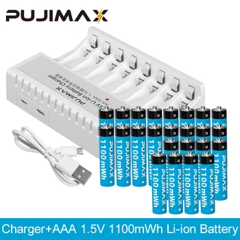 Литий-ионная аккумуляторная батарея PUJIMAX 1,5 В AAA 1100 МВтч с оригинальным 8-слотным умным зарядным устройством для фонарика с дистанционным управлением
