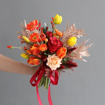 Новозеландский Европейский букет невесты Ручной работы, Оранжевый Шелковый тюльпан, свадебные букеты для подружек невесты, Букет Невесты
