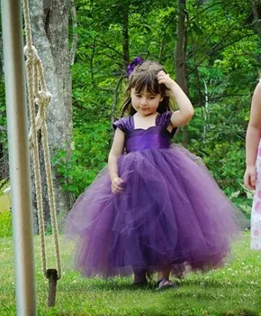 модная Бесплатная доставка DHL элегантное бальное платье из органзы фиолетового цвета для девочек в цветочек для свадьбы с цветочным бантом в магазине