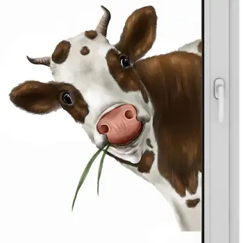 Наклейка на окно коровы, Реалистичные наклейки с принтом выглядывающей коровы, Интересные забавные наклейки на стену с изображением выглядывающей коровы, наклейки на стены Коровы, наклейки на окна, Цепляются