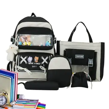Набор милых сумок Из 5 предметов, милые рюкзаки для школы, в комплекте булавки и плюшевые подвески, Эстетичный школьный рюкзак большой емкости
