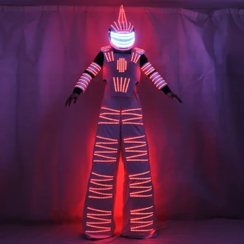 Красочный RGB Светодиодный Светящийся Костюм Со Шлемом Светодиодная Одежда Легкий Костюм Робота На Ходулях Kryoman David Guetta Robot Dance Wear