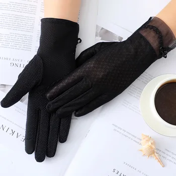 Женские Кружевные Солнцезащитные перчатки, Летние Женские Элегантные Эластичные перчатки с сенсорным экраном, Дышащие, устойчивые к ультрафиолетовому излучению, Нескользящие перчатки для вождения