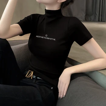 2023 летняя женская футболка с коротким рукавом и наполовину высоким воротом из тонкого хлопка, верхняя одежда без подкладки