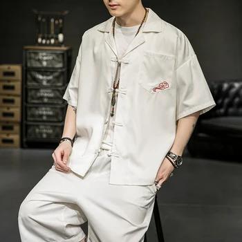 Мужской костюм в китайском стиле, летняя рубашка с лацканами с вышивкой Hanfu, Шорты, японские свободные топы в стиле Тан, модные брюки из двух частей