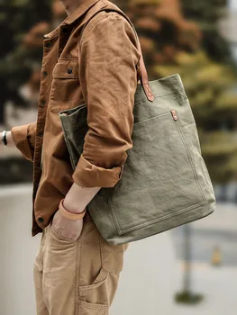 мужская ретро-сумка-тоут 16 унций, холщовая сумка через плечо с верхним слоем из натуральной кожи