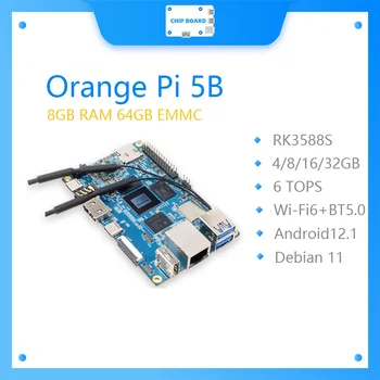Orange Pi 5B 8 ГБ оперативной памяти + 64 ГБ EMMC 64-разрядный Rockchip RK3588S Двухдиапазонный Встроенный WIFI + порт BT Gigabit Lan Мини-ПК с одноплатным компьютером