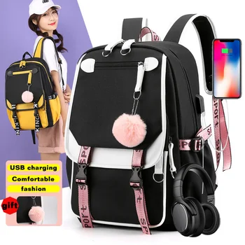 Большие школьные сумки для девочек-подростков, USB-порт, холщовый школьный рюкзак, сумка для книг, Черный, розовый, школьный рюкзак для подростков