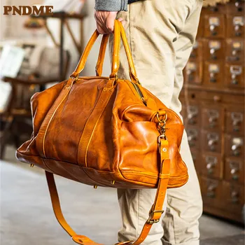 PNDME модная винтажная роскошная мужская дорожная сумка из натуральной кожи большой емкости, органайзер ручной работы, первый слой, сумки из воловьей кожи