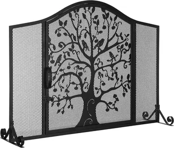 Дверца-сетка из кованого железа для камина с силуэтом дерева и птицы