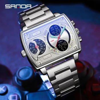 SANDA Роскошные мужские часы с двойным дисплеем, светодиодные цифровые электронные наручные часы, Водонепроницаемые кварцевые мужские часы из нержавеющей стали Relojes