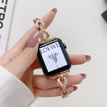 Женский браслет для Apple Watch Band 7 6 se 41 45 38 мм 42 мм, женские роскошные ювелирные изделия, металлический кожаный браслет для iWatch с бриллиантами 40 мм