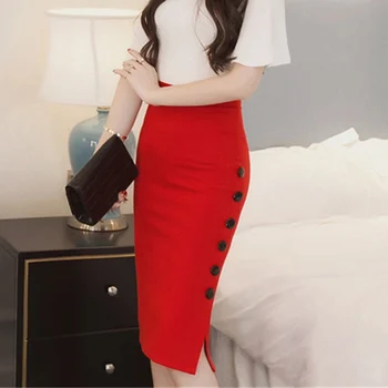 Модная женская рабочая юбка миди OL, сексуальная юбка-карандаш с открытым разрезом на пуговицах, элегантные офисные женские юбки красного цвета