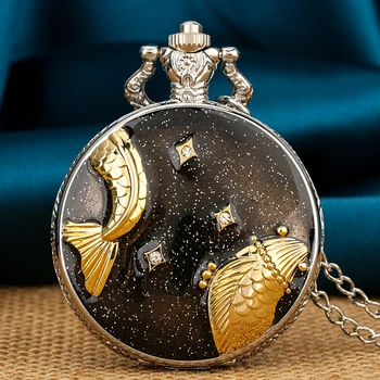 Карманные часы с рельефным рисунком, инкрустированные бриллиантами, Роскошное ожерелье из черной рыбьей чешуи и Рыбьего хвоста, серебряные кварцевые карманные часы