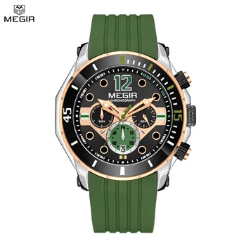 Мужские спортивные часы MEGIR Кварцевые наручные часы с силиконовым ремешком Мужские Часы Хронограф Календарь Секундомер Светящиеся Водонепроницаемые