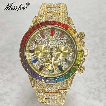 Роскошные Золотые Мужские часы Мода хип-Хоп MISSFOX Iced Diamond Нержавеющая Сталь Водонепроницаемые кварцевые наручные часы AAA Мужские Бесплатная Доставка