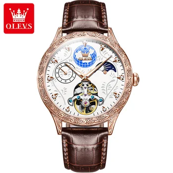 OLEVS 6660 Модные Брендовые Автоматические механические часы для мужчин С водонепроницаемым Многофункциональным ремешком из натуральной кожи, мужские наручные часы