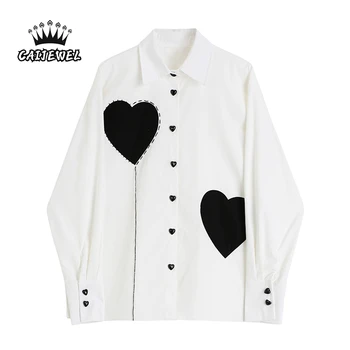 Весенняя женская блузка с длинным рукавом и принтом в виде сердца, Мешковатый белый воротник Поло, Уличная мода, Однобортные женские топы, рубашка