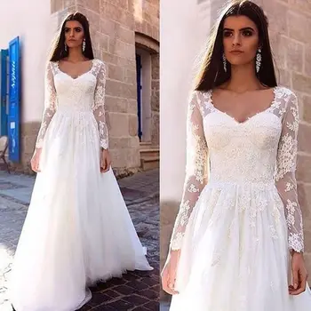 Длинные Свадебные платья vestidos de novia 2020 с длинными рукавами, Платье Невесты robe de mariee Трапециевидной Формы с круглым вырезом, Элегантная Полная длина