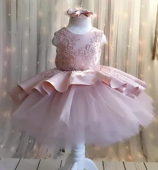Милое Розовое платье для маленьких девочек, расшитое бисером, Атласное платье-пачка из тюля, Платья для Вечеринки на Первый День Рождения, Рождественское платье