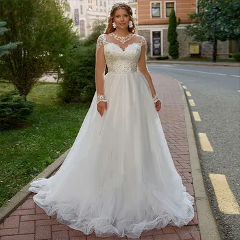 Свадебные платья с длинными рукавами и большим размером, Трапециевидный O-образный вырез, кружевные аппликации цвета слоновой кости, свадебные платья для невесты 2023, Vestido De Novia, на заказ