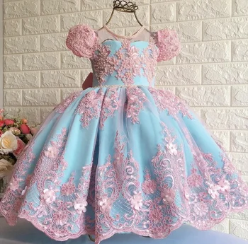 Платья с цветочным узором для девочек, многоуровневые платья с кружевной аппликацией на день рождения, нарядные платья с бантиками и бусинами, детские платья для гостей на свадьбу