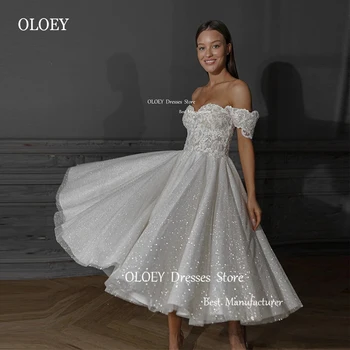 OLOEY/ Блестящие Свадебные платья Трапециевидной формы с открытыми плечами, Кружевная аппликация до середины икры, Блестящие свадебные платья, свадебное платье