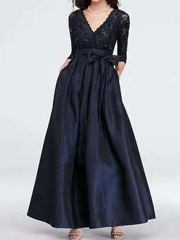 Современное Темно-синее Вечернее Платье с Поясом 2021, V-образный Вырез, Длина до пола, Кружевное Атласное Платье для Выпускного Вечера, Vestidos Fiesta Robe De Soiree