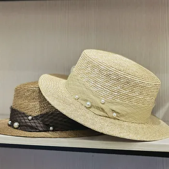 Соломенная Пляжная шляпа, Солнцезащитные шляпы для женщин, Классическая шляпа-канотье с плоским верхом, уличная пляжная шляпа-дерби с широкой жемчужной лентой, летние фетровые шляпы