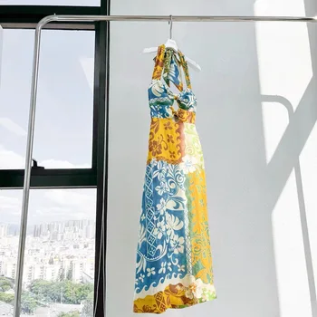 Женское льняное платье Миди с открытой спиной и принтом в стиле пэчворк, без рукавов, без бретелек