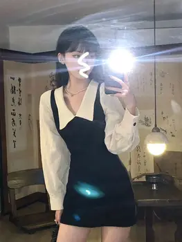 Опрятные мини-платья с длинным рукавом для Женщин, Корейский Модный Стиль, Милый Сексуальный Воротник 