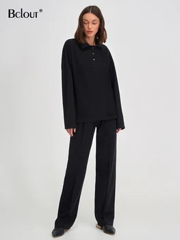 Модные Трикотажные Черные брюки, Комплекты из 2 предметов, Женские осенние Офисные топы с воротником-поло, Элегантные плиссированные прямые брюки, костюмы