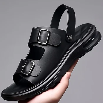 Летние Мужские сандалии из натуральной кожи 2023, Модные Повседневные нескользящие Дышащие сандалии с большими отверстиями, Мужская пляжная обувь с дырками