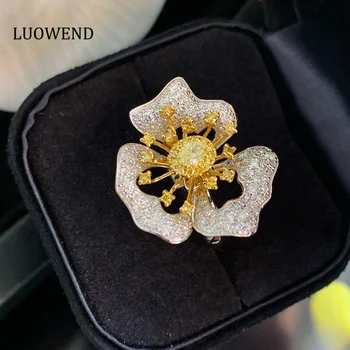 Кольца из белого золота 18 карат LUOWEND с настоящими натуральными желтыми бриллиантами 1,3 карата, роскошные свадебные кольца с цветами для женщин, вечеринка по случаю помолвки