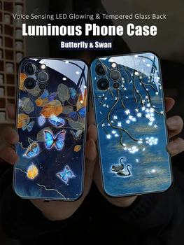 Светодиодный светильник с бабочкой и лебедем, светящийся чехол для телефона из закаленного стекла Samsung S21 S22 S23 Note 10 20 A54 A73 Plus Ultra